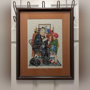 Vintage Framed Cross Stitch "Doctor and the Doll" Norman Rockwell Inspired 1986